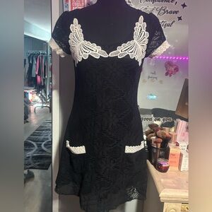 Uttam London Black Lace Mini Dress with Cream Lace Accents & Beauty gift bag